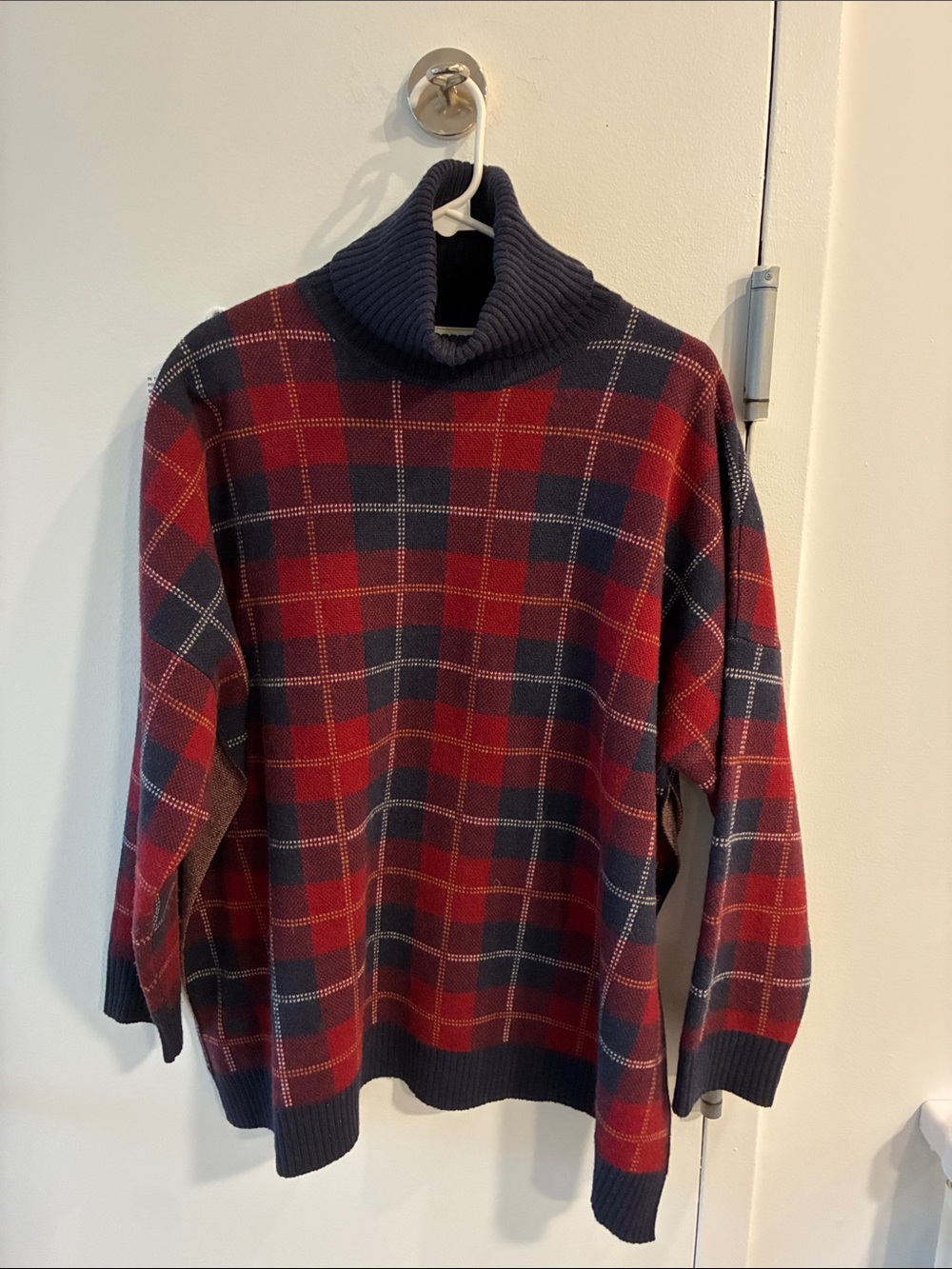 Lacoste Red and Navy Plaid Turtleneck Sweater